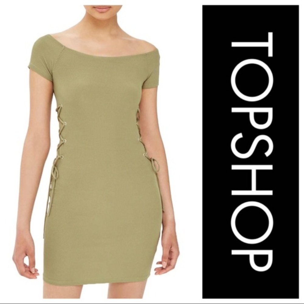 TOPSHOP Lace-Up Side Body-Con Dress Olive Sz 12
